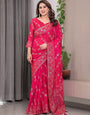 Rose Pink Fendi Satin Block & Foil Print Saree with Attached Blouse & Tassel Detailing