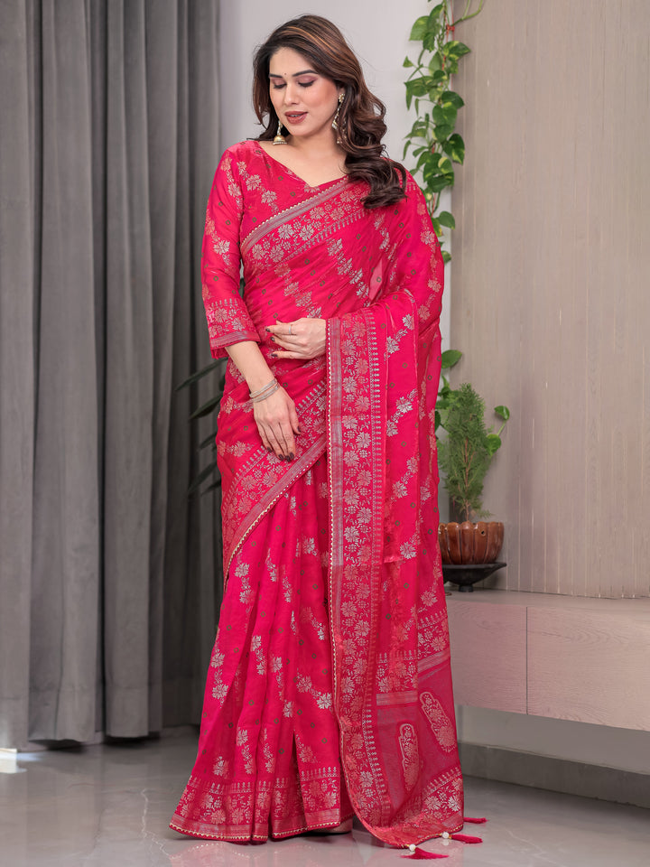 Rose Pink Fendi Satin Block & Foil Print Saree with Attached Blouse & Tassel Detailing
