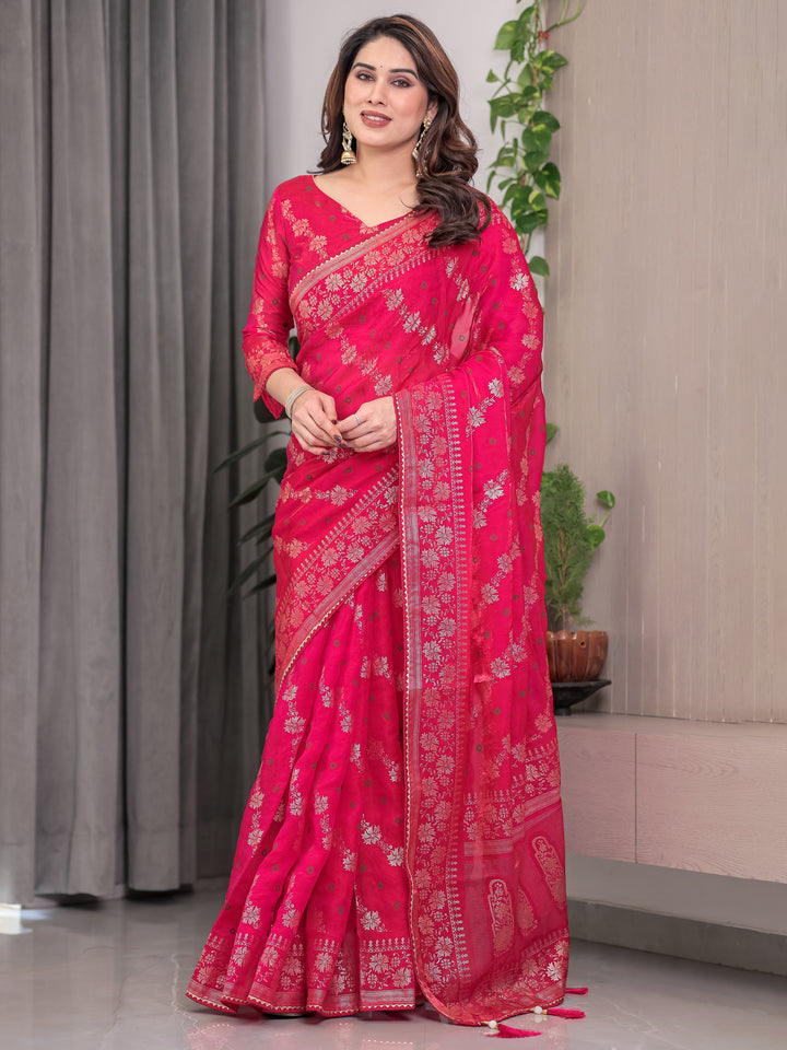 Rose Pink Fendi Satin Block & Foil Print Saree with Attached Blouse & Tassel Detailing