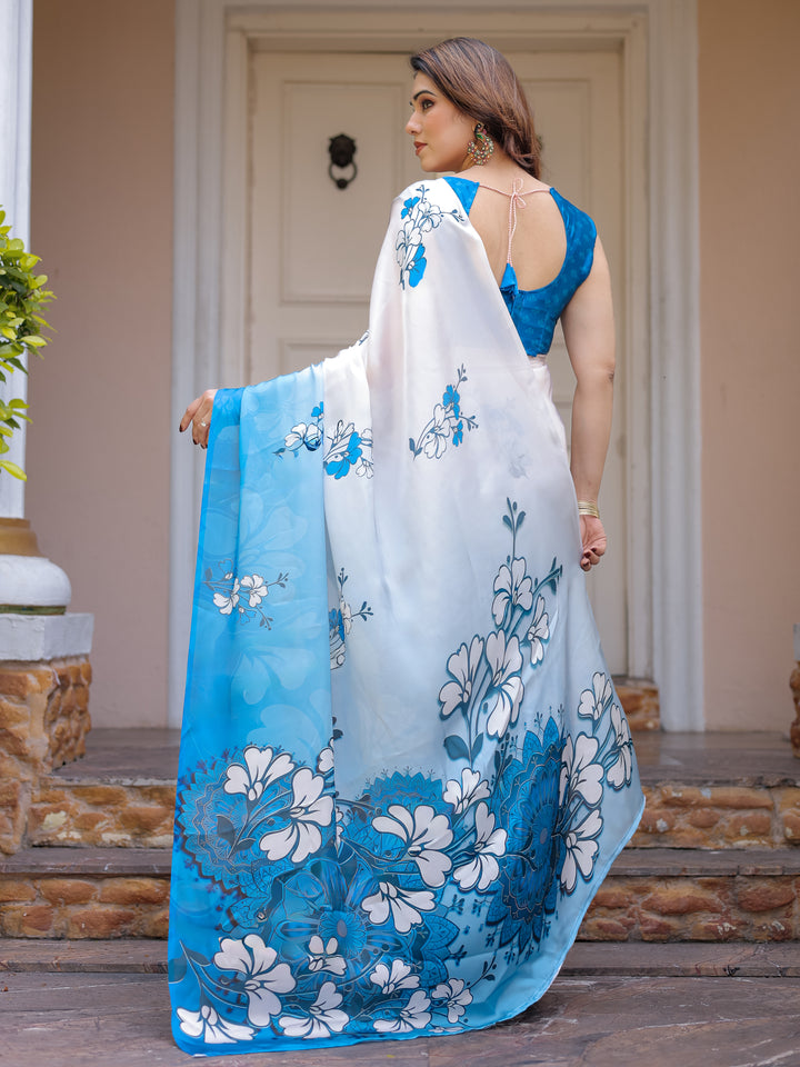 Powder Blue & Ivory Floral Printed Satin Georgette Saree with Matching Blouse – Elegant Party & Day Occasion Wear