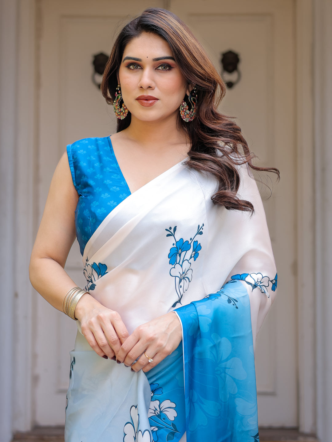 Powder Blue & Ivory Floral Printed Satin Georgette Saree with Matching Blouse – Elegant Party & Day Occasion Wear