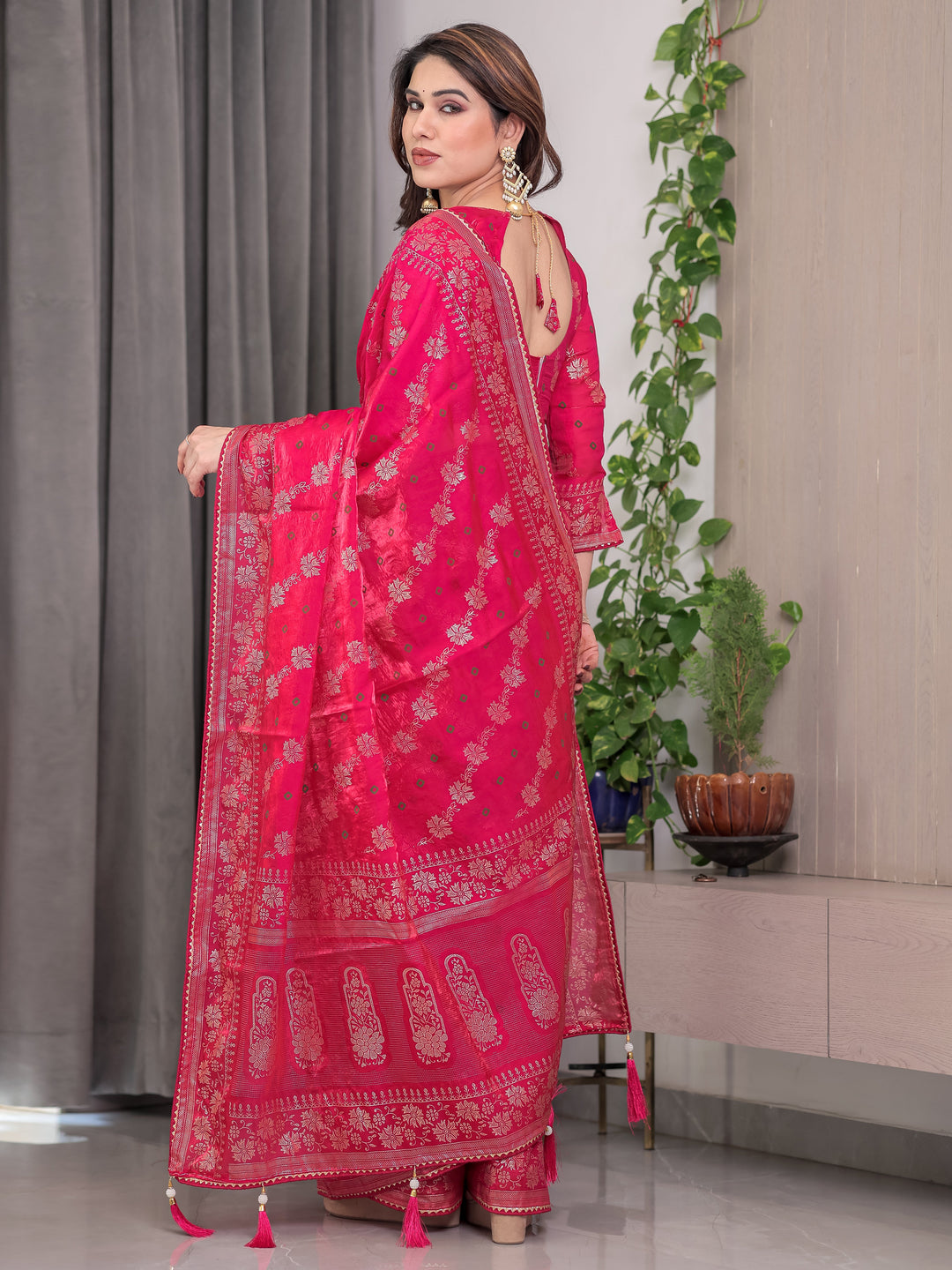 Rose Pink Fendi Satin Block & Foil Print Saree with Attached Blouse & Tassel Detailing