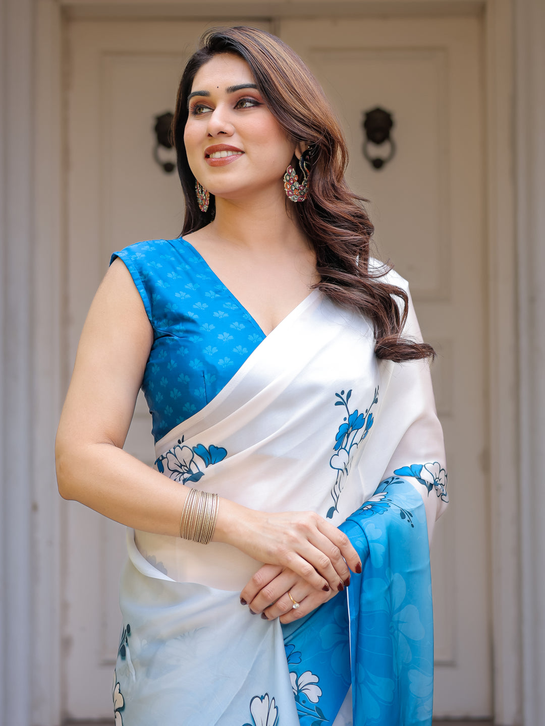 Powder Blue & Ivory Floral Printed Satin Georgette Saree with Matching Blouse – Elegant Party & Day Occasion Wear