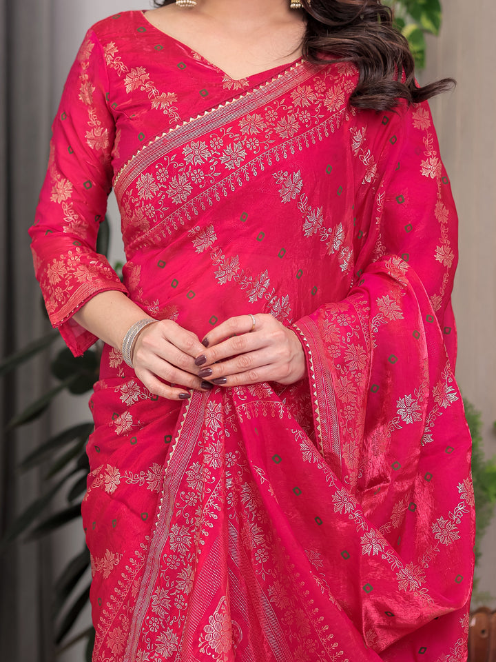 Rose Pink Fendi Satin Block & Foil Print Saree with Attached Blouse & Tassel Detailing
