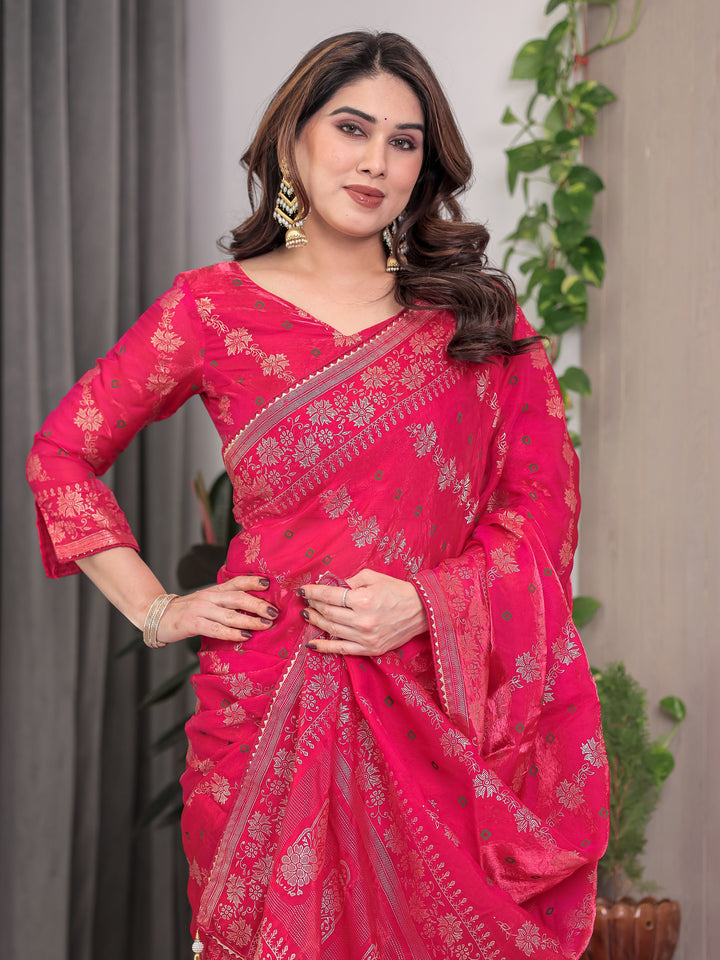 Rose Pink Fendi Satin Block & Foil Print Saree with Attached Blouse & Tassel Detailing