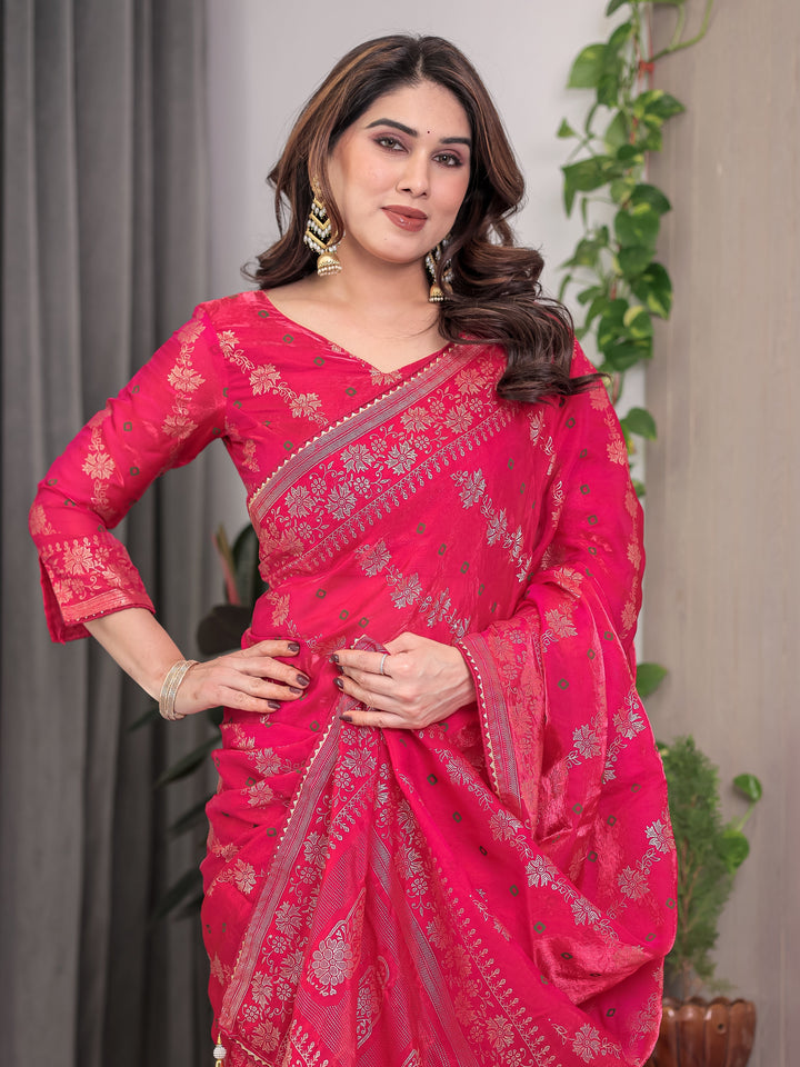 Rose Pink Fendi Satin Block & Foil Print Saree with Attached Blouse & Tassel Detailing