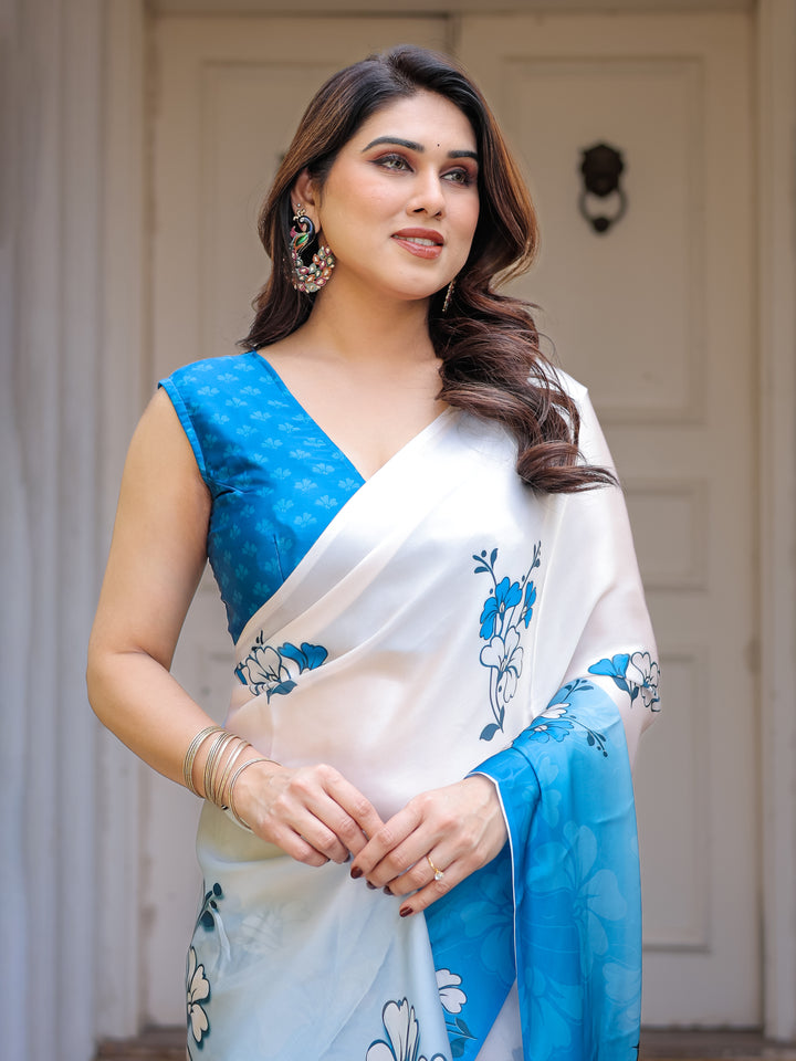 Powder Blue & Ivory Floral Printed Satin Georgette Saree with Matching Blouse – Elegant Party & Day Occasion Wear