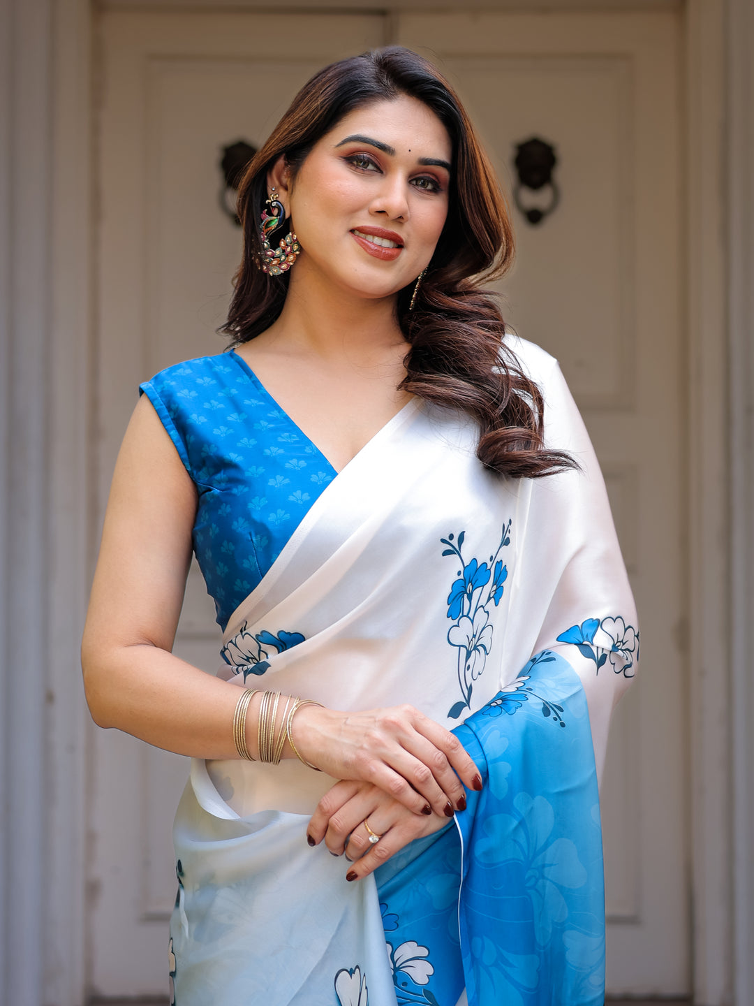 Powder Blue & Ivory Floral Printed Satin Georgette Saree with Matching Blouse – Elegant Party & Day Occasion Wear
