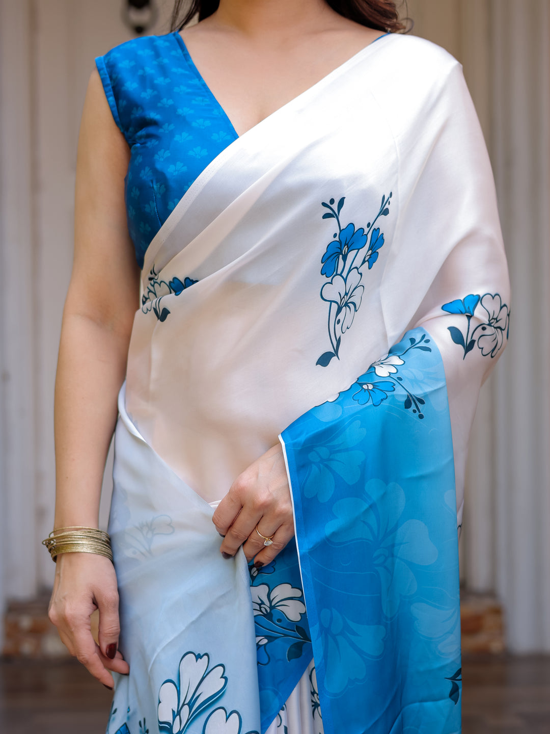 Powder Blue & Ivory Floral Printed Satin Georgette Saree with Matching Blouse – Elegant Party & Day Occasion Wear