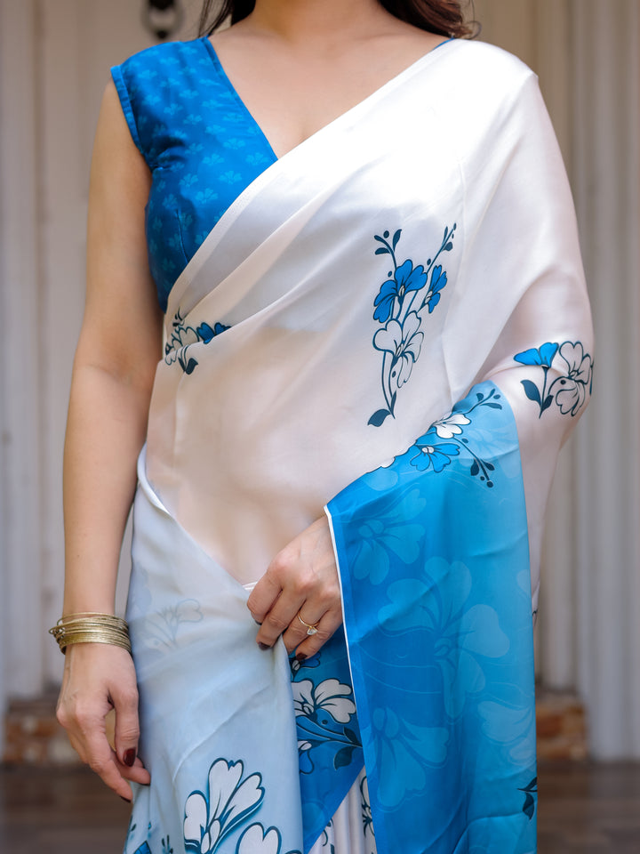 Powder Blue & Ivory Floral Printed Satin Georgette Saree with Matching Blouse – Elegant Party & Day Occasion Wear
