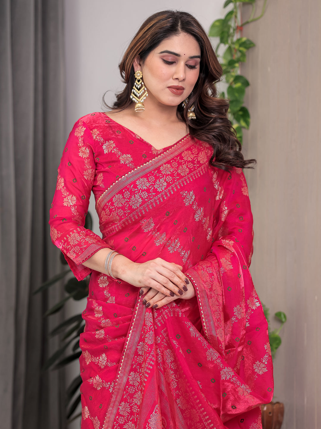 Rose Pink Fendi Satin Block & Foil Print Saree with Attached Blouse & Tassel Detailing