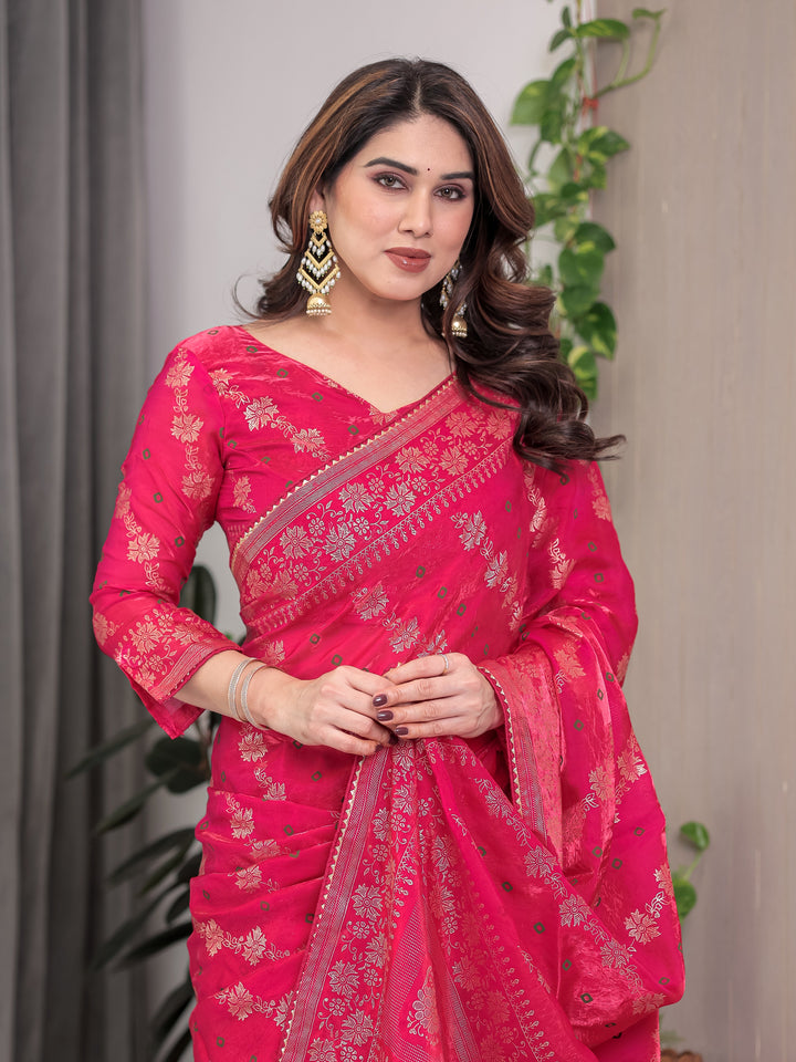 Rose Pink Fendi Satin Block & Foil Print Saree with Attached Blouse & Tassel Detailing