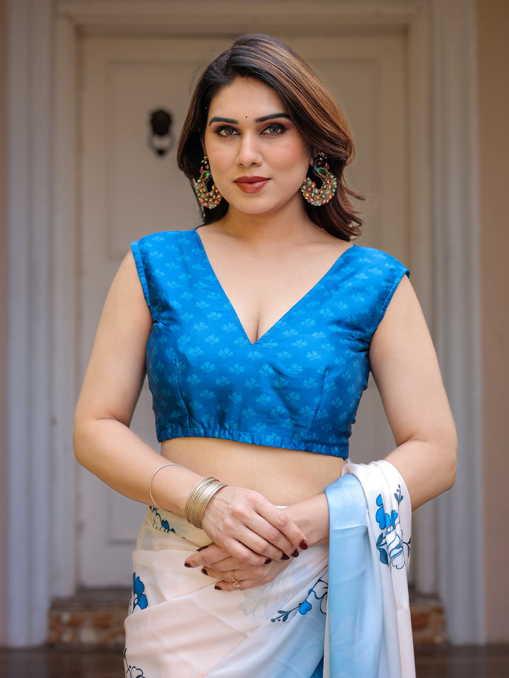 Powder Blue & Ivory Floral Printed Satin Georgette Saree with Matching Blouse – Elegant Party & Day Occasion Wear