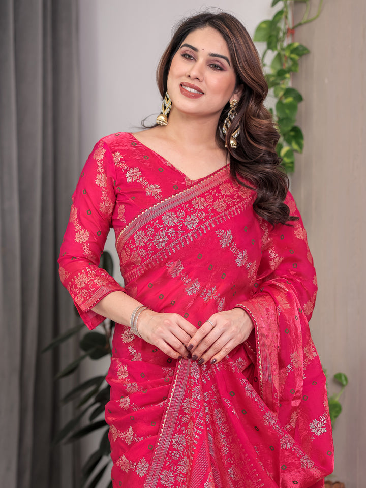 Rose Pink Fendi Satin Block & Foil Print Saree with Attached Blouse & Tassel Detailing