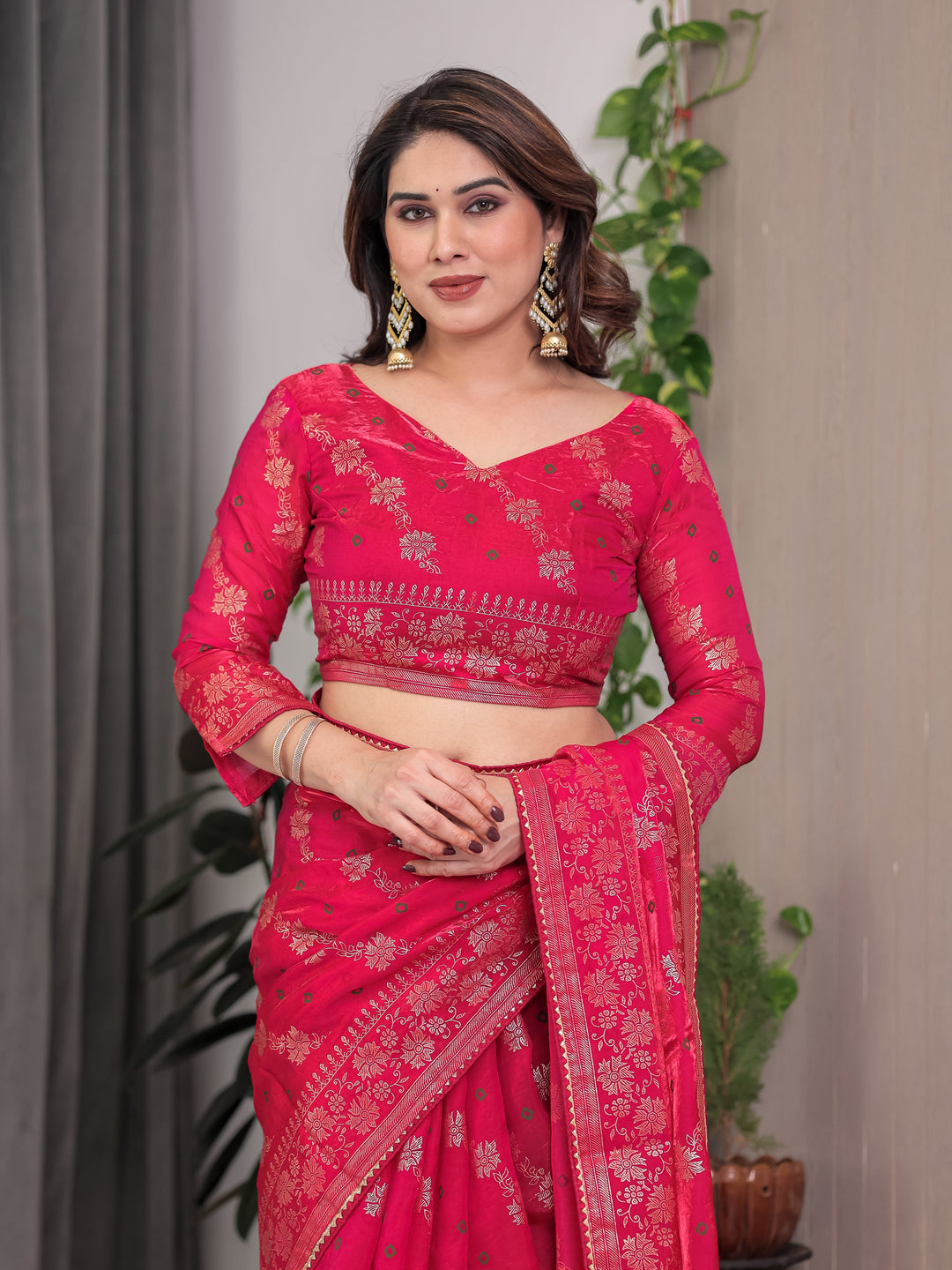 Rose Pink Fendi Satin Block & Foil Print Saree with Attached Blouse & Tassel Detailing