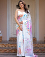 White Pastel Floral Printed Satin Georgette Saree with Matching Blouse – Soft Elegant Party & Day Wear