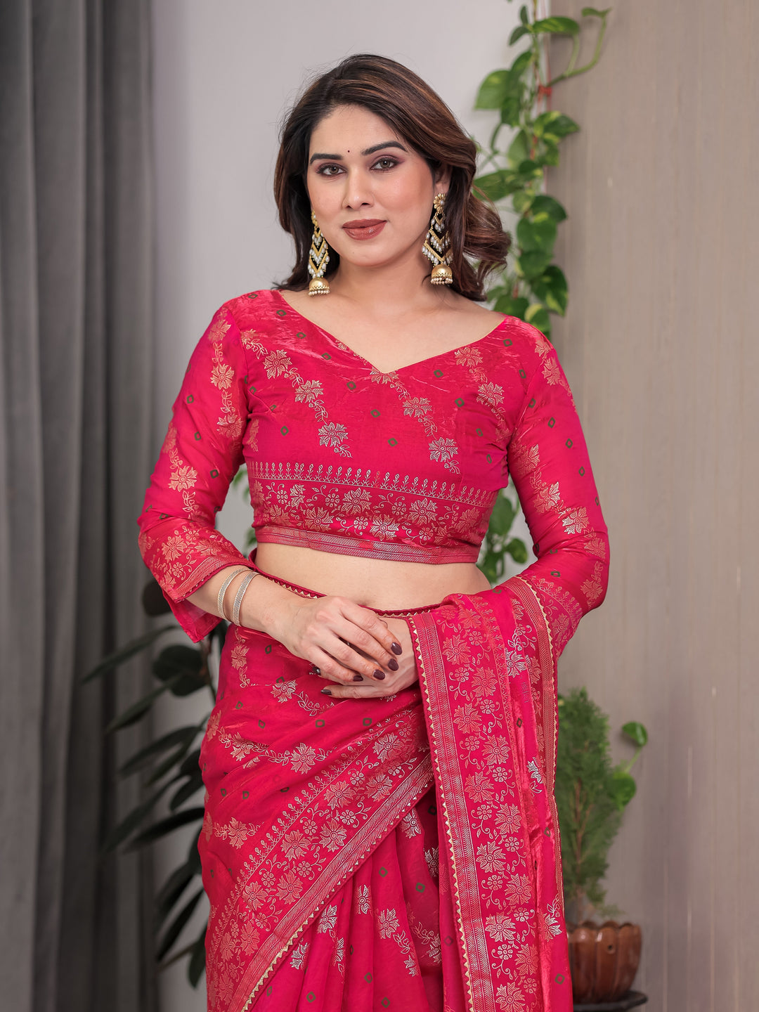 Rose Pink Fendi Satin Block & Foil Print Saree with Attached Blouse & Tassel Detailing