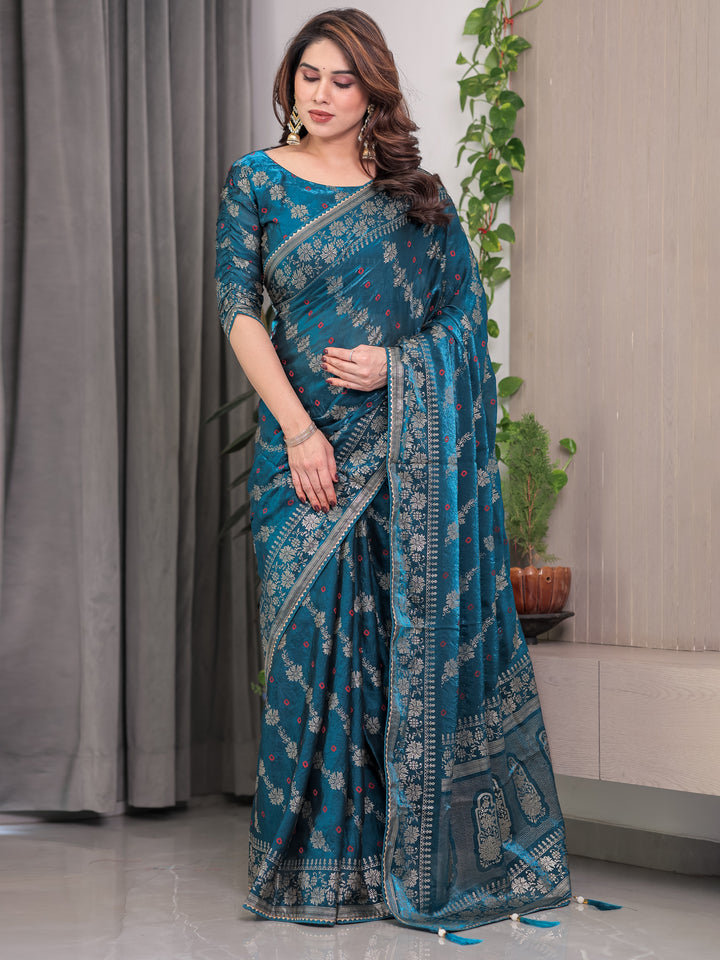 Teal Blue Fendi Satin Block & Foil Print Saree with Floral Motifs, Attached Blouse & Tassel Finish