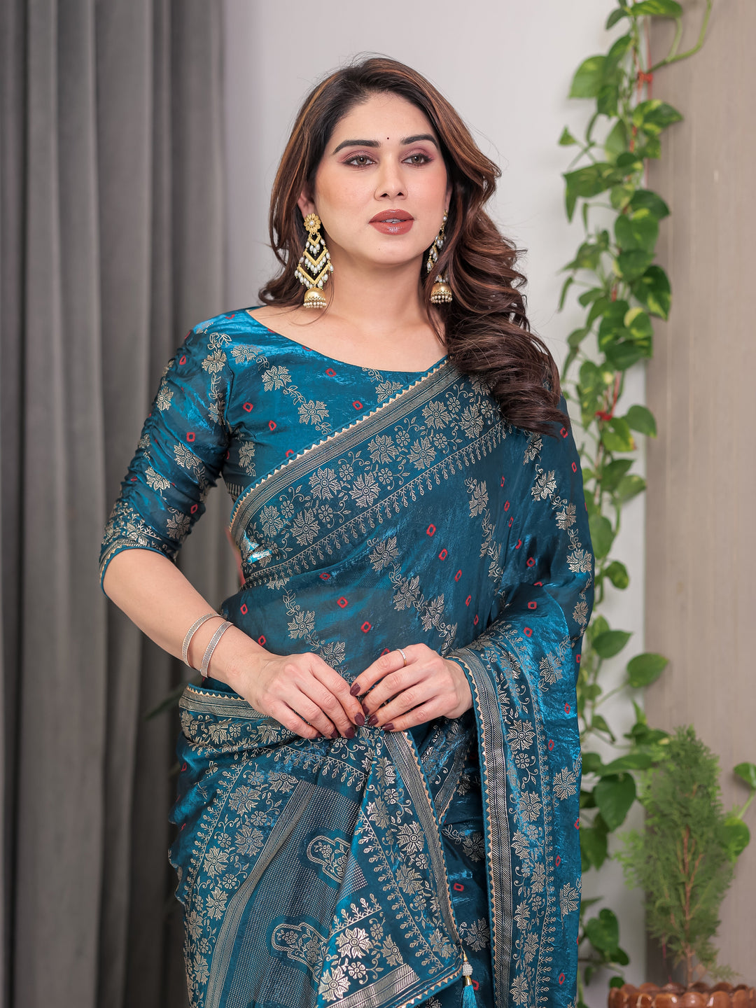 Teal Blue Fendi Satin Block & Foil Print Saree with Floral Motifs, Attached Blouse & Tassel Finish