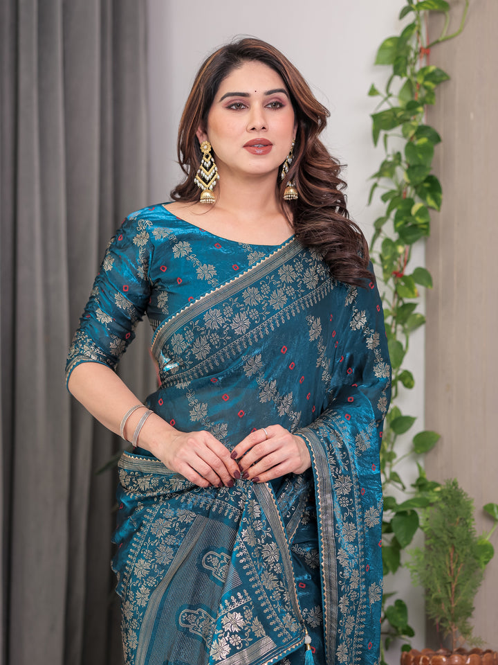 Teal Blue Fendi Satin Block & Foil Print Saree with Floral Motifs, Attached Blouse & Tassel Finish