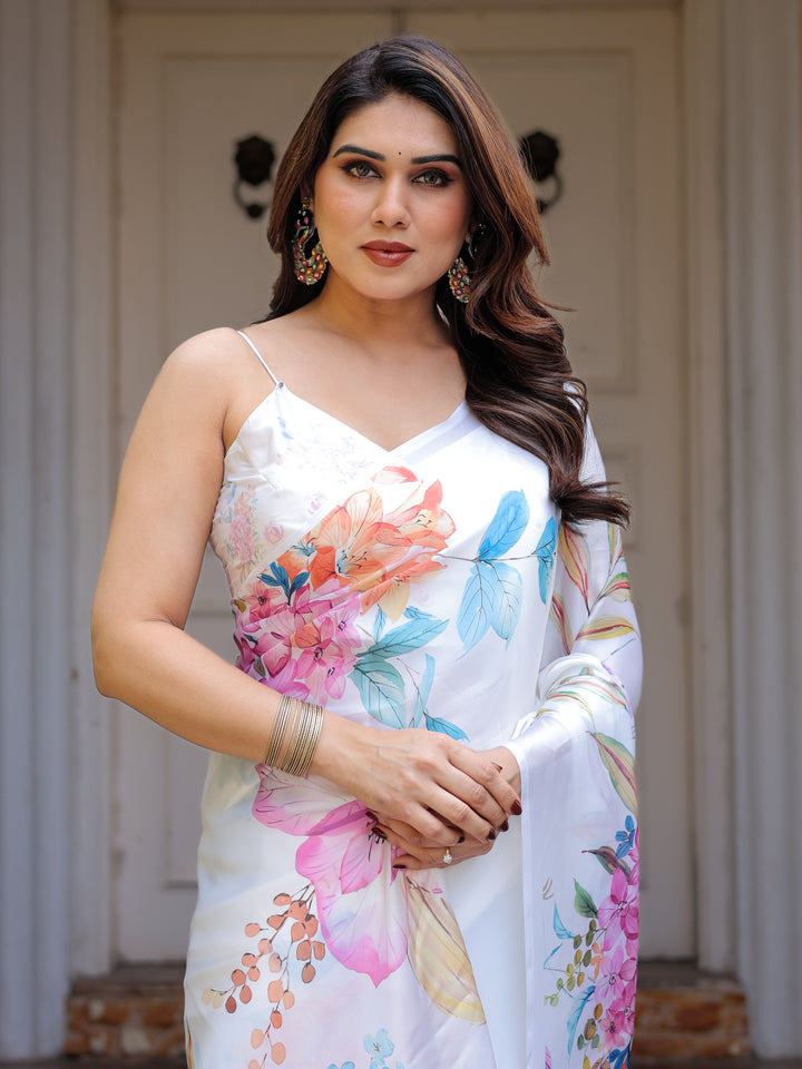 White Pastel Floral Printed Satin Georgette Saree with Matching Blouse – Soft Elegant Party & Day Wear