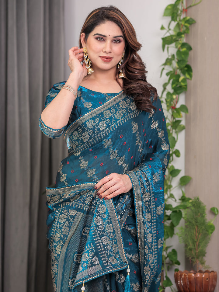 Teal Blue Fendi Satin Block & Foil Print Saree with Floral Motifs, Attached Blouse & Tassel Finish