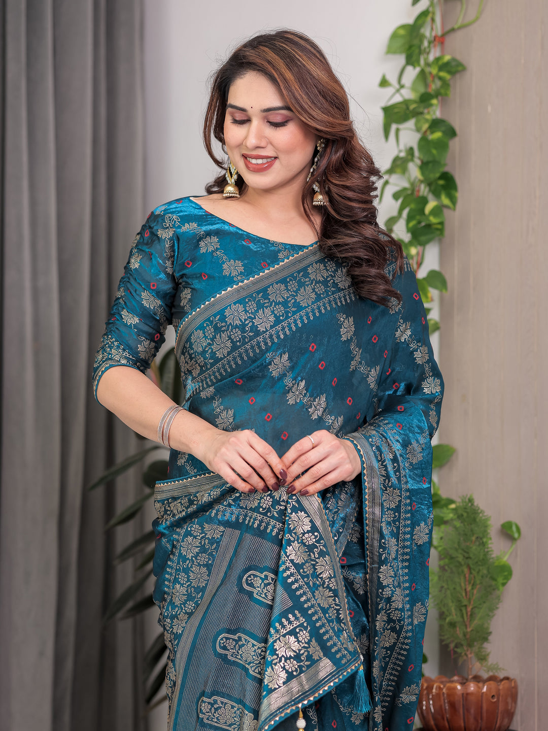 Teal Blue Fendi Satin Block & Foil Print Saree with Floral Motifs, Attached Blouse & Tassel Finish