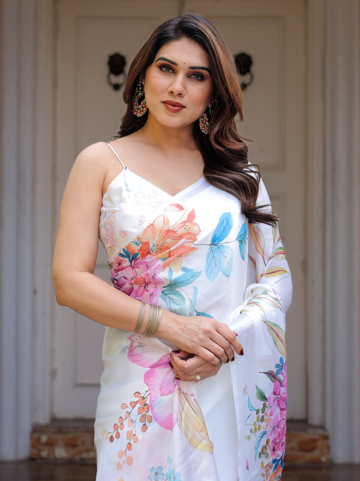 White Pastel Floral Printed Satin Georgette Saree with Matching Blouse – Soft Elegant Party & Day Wear