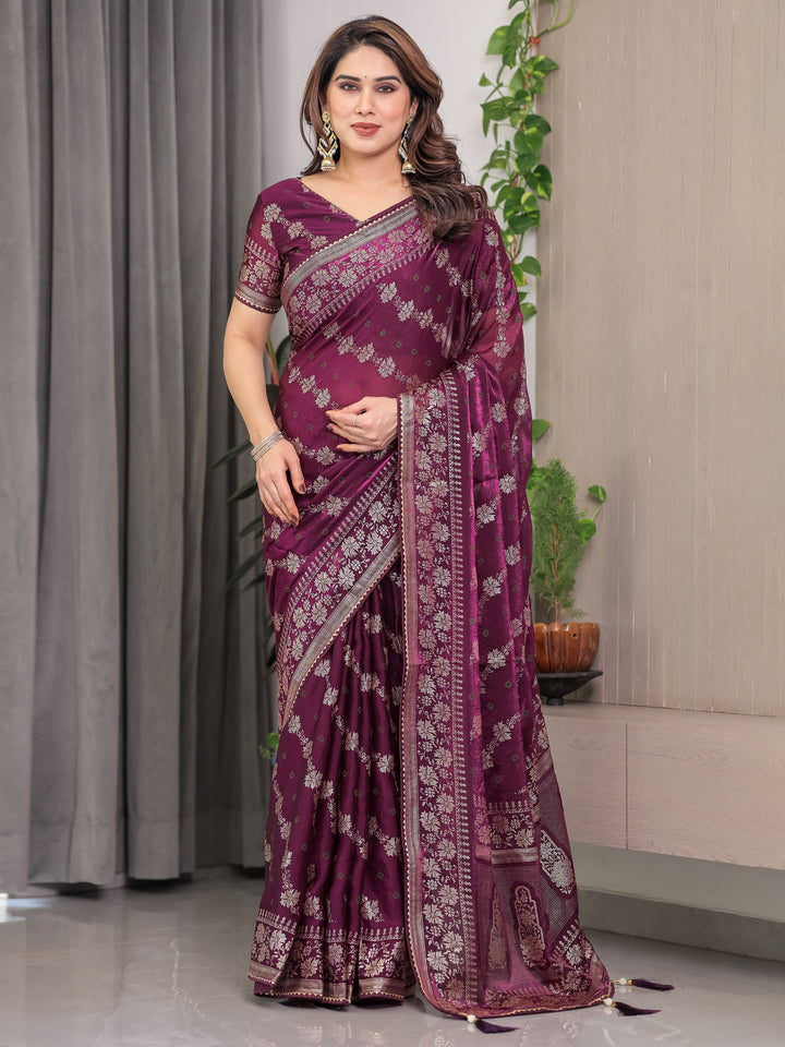 Plum Wine Fendi Satin Block & Foil Print Saree with Floral Motifs, Attached Blouse & Tassel Detailing