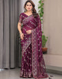 Plum Wine Fendi Satin Block & Foil Print Saree with Floral Motifs, Attached Blouse & Tassel Detailing
