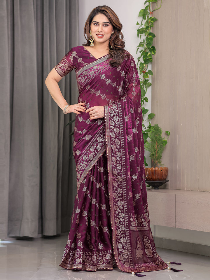 Plum Wine Fendi Satin Block & Foil Print Saree with Floral Motifs, Attached Blouse & Tassel Detailing