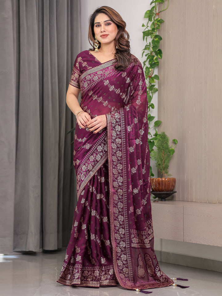 Plum Wine Fendi Satin Block & Foil Print Saree with Floral Motifs, Attached Blouse & Tassel Detailing