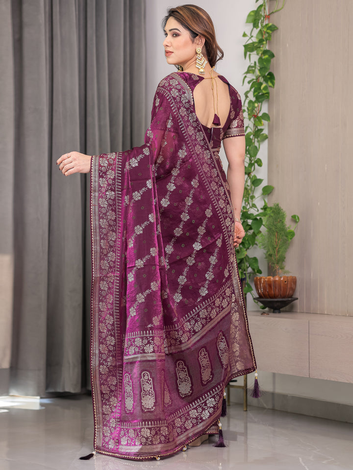 Plum Wine Fendi Satin Block & Foil Print Saree with Floral Motifs, Attached Blouse & Tassel Detailing
