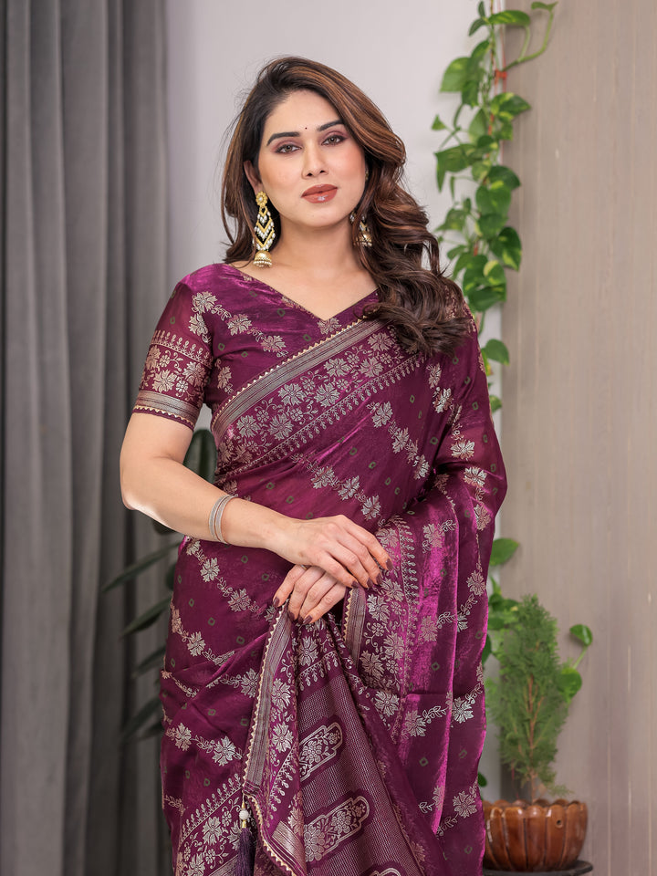 Plum Wine Fendi Satin Block & Foil Print Saree with Floral Motifs, Attached Blouse & Tassel Detailing