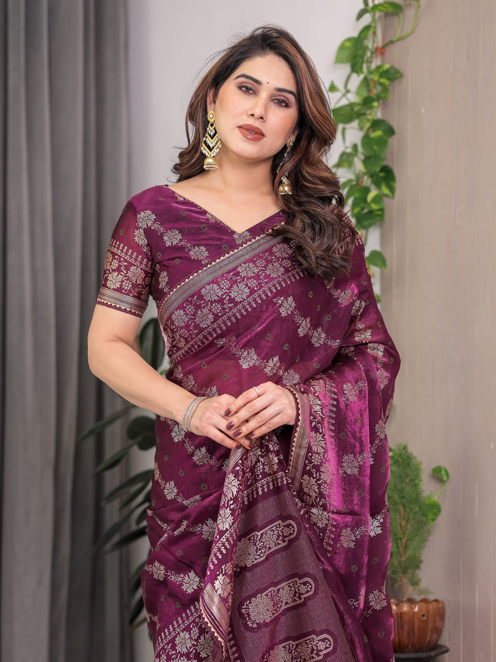 Plum Wine Fendi Satin Block & Foil Print Saree with Floral Motifs, Attached Blouse & Tassel Detailing