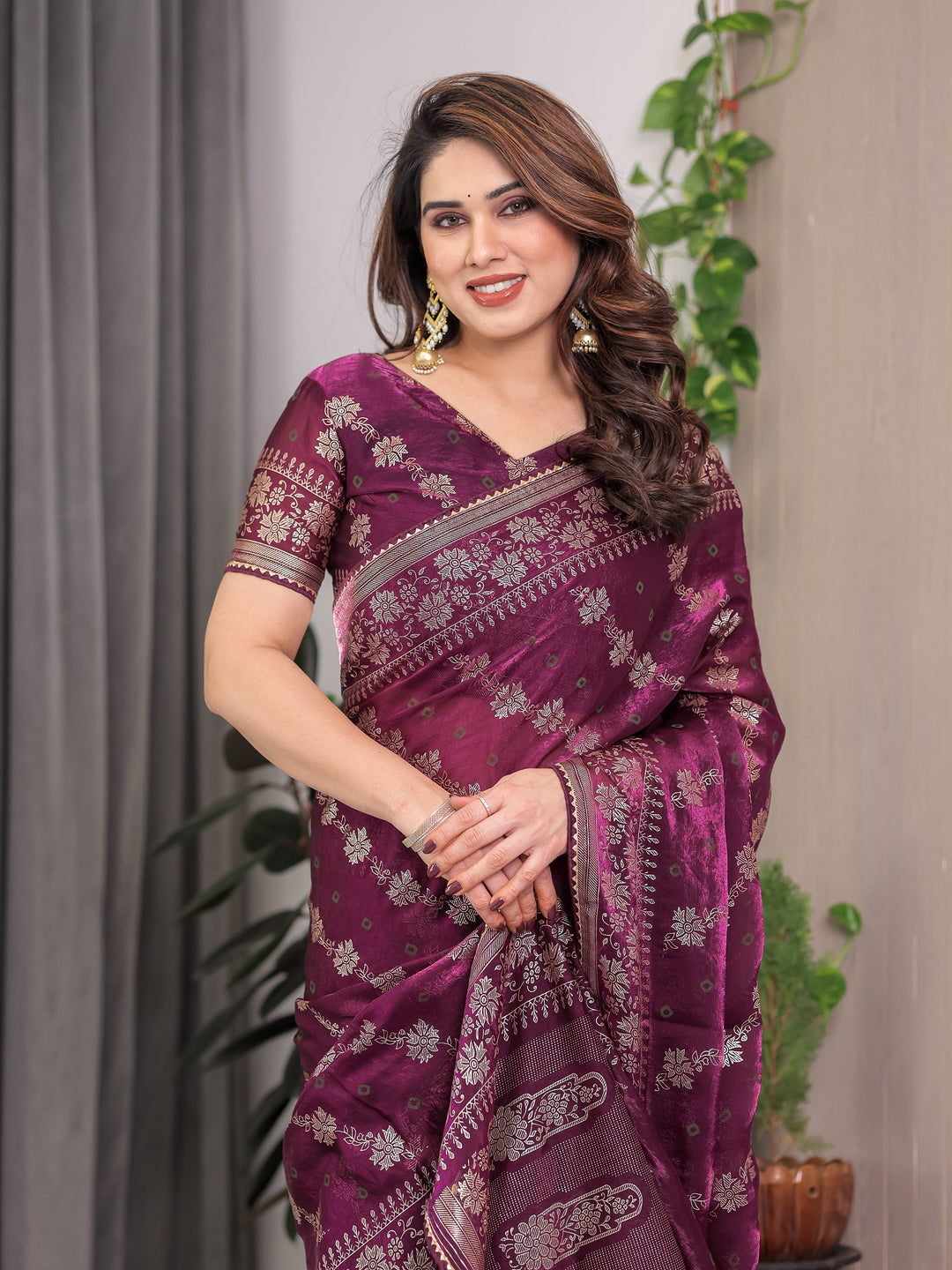 Plum Wine Fendi Satin Block & Foil Print Saree with Floral Motifs, Attached Blouse & Tassel Detailing
