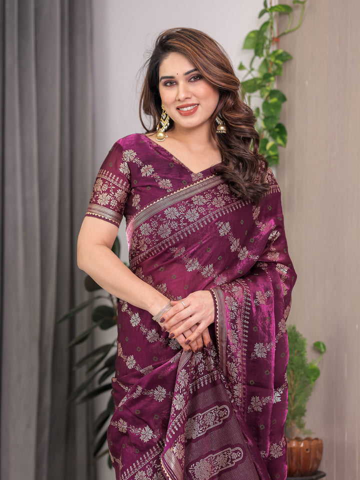 Plum Wine Fendi Satin Block & Foil Print Saree with Floral Motifs, Attached Blouse & Tassel Detailing