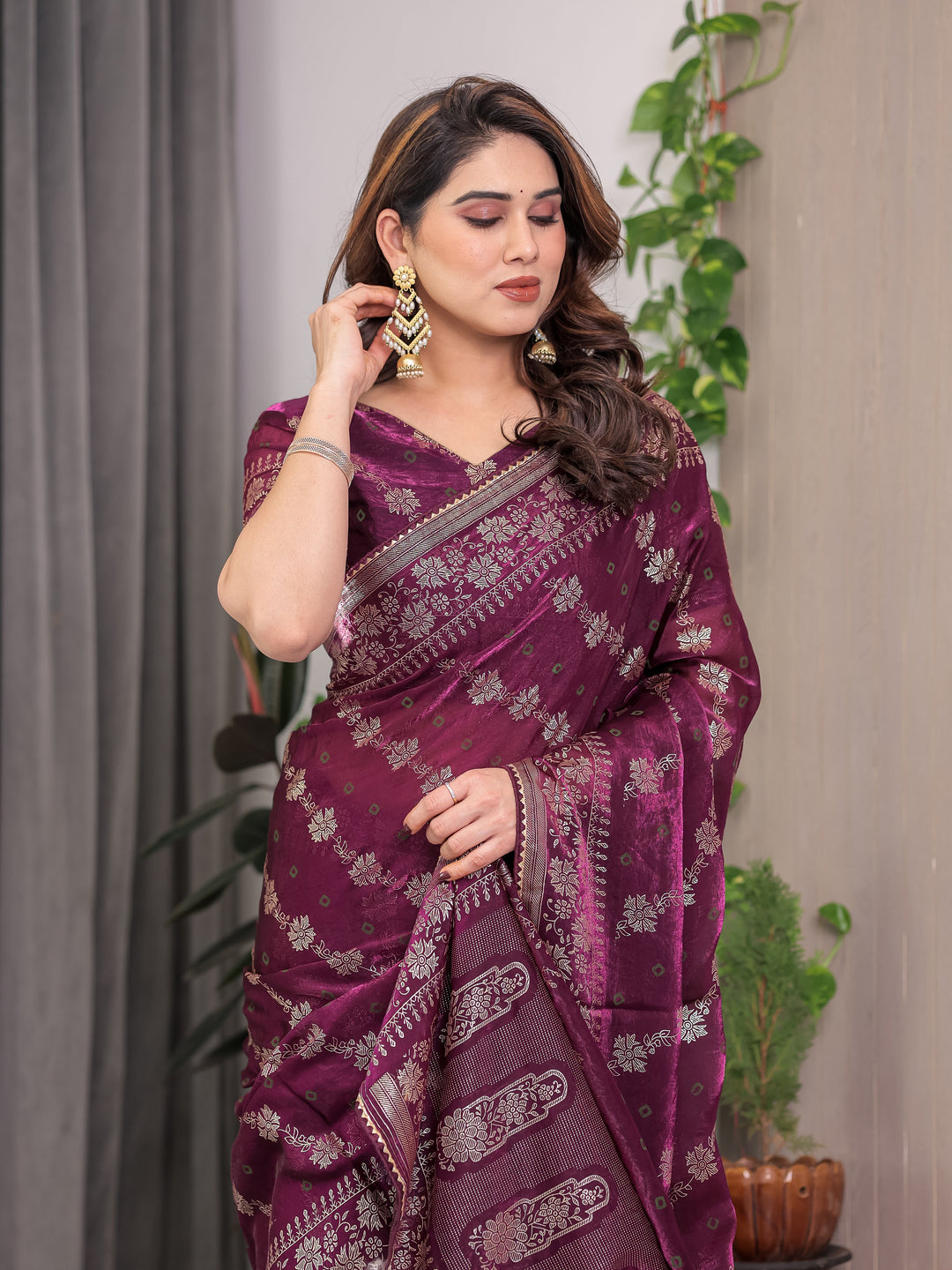 Plum Wine Fendi Satin Block & Foil Print Saree with Floral Motifs, Attached Blouse & Tassel Detailing