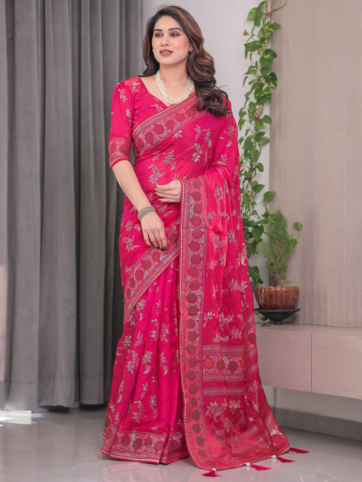 Rani Pink Fendi Satin Block & Foil Print Saree with Floral Motifs, Attached Blouse & Tassel Detailing
