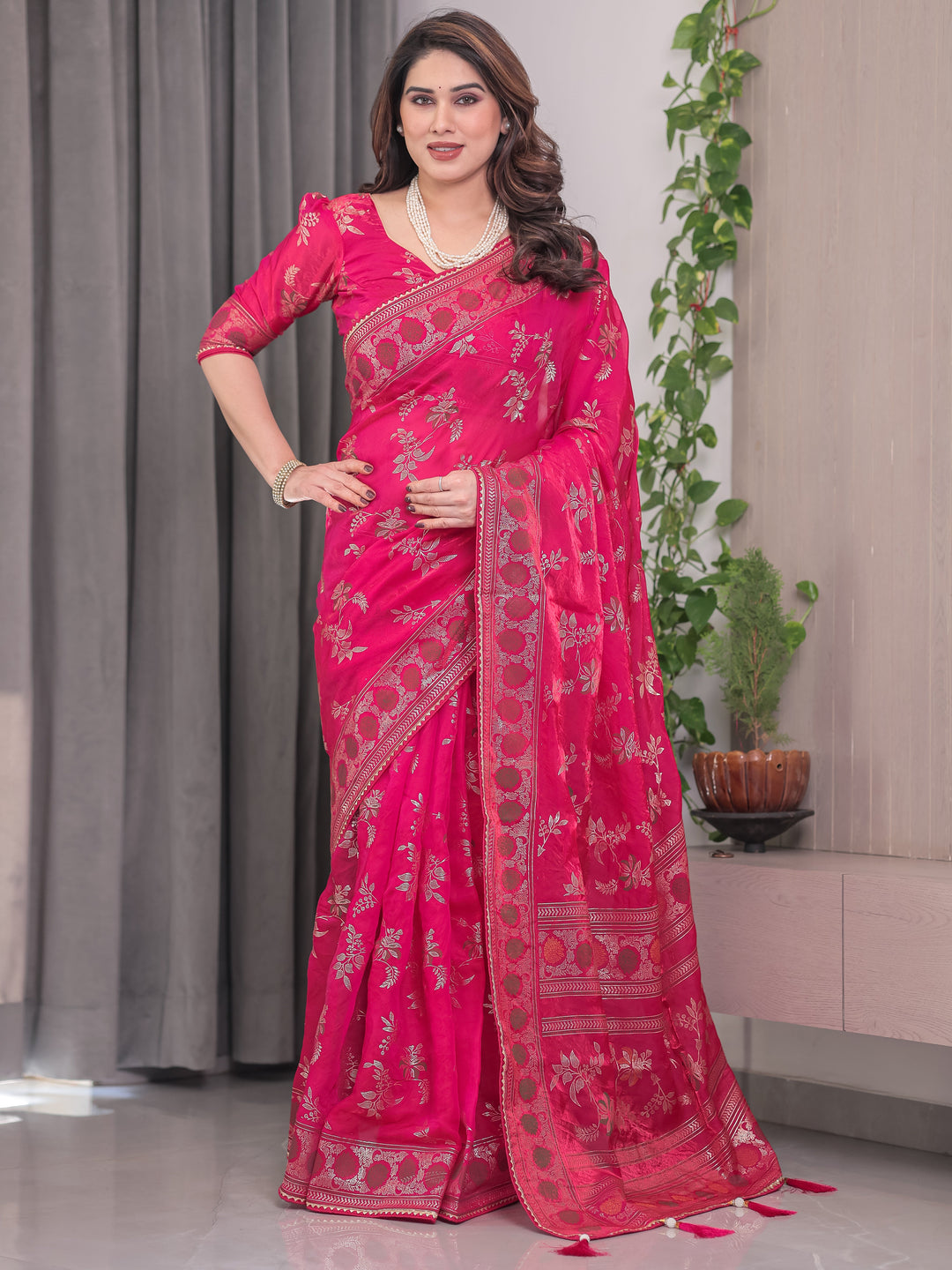 Rani Pink Fendi Satin Block & Foil Print Saree with Floral Motifs, Attached Blouse & Tassel Detailing