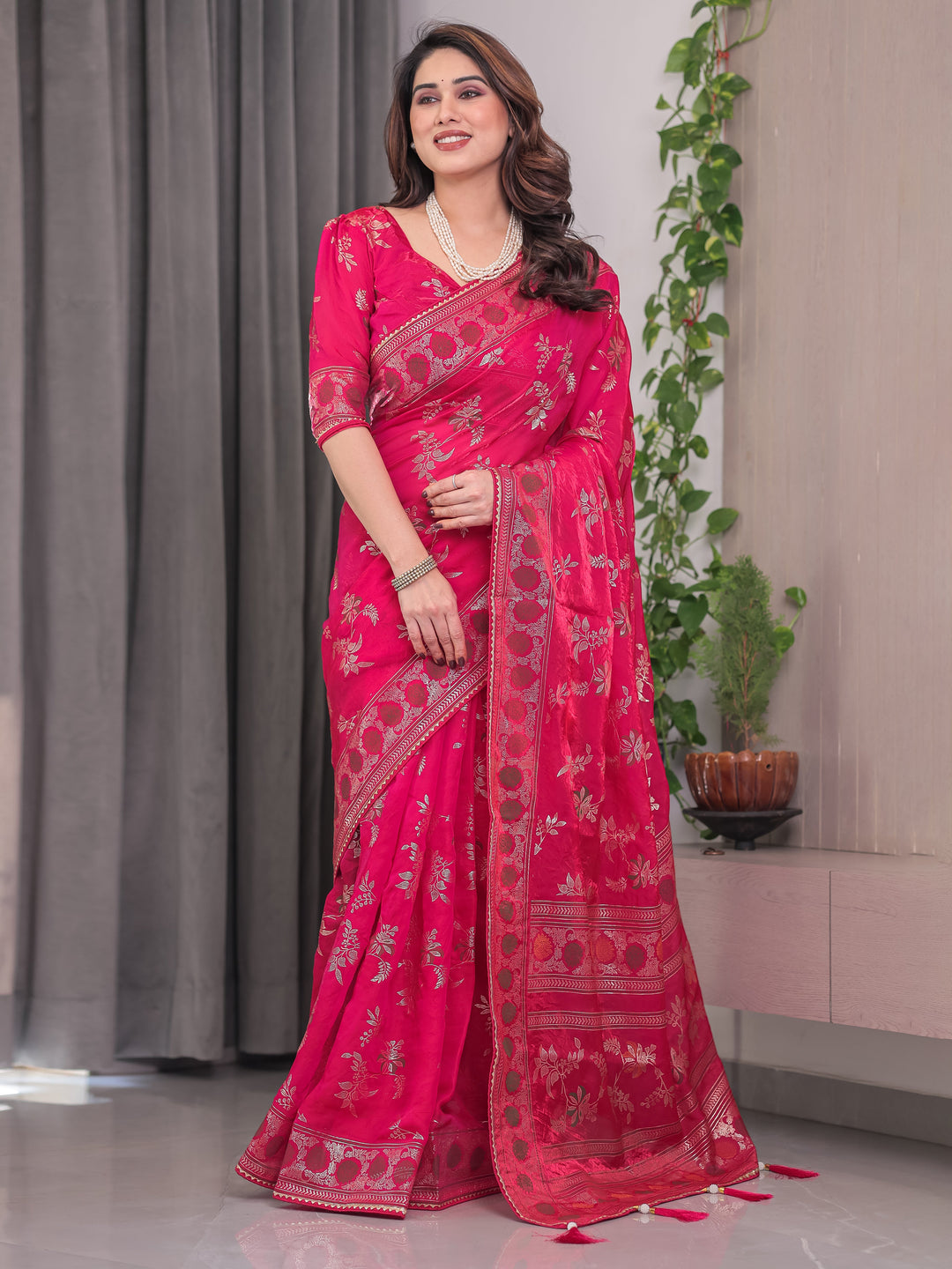 Rani Pink Fendi Satin Block & Foil Print Saree with Floral Motifs, Attached Blouse & Tassel Detailing