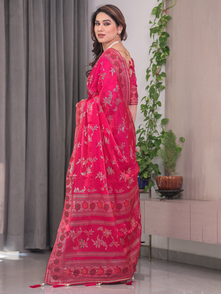 Rani Pink Fendi Satin Block & Foil Print Saree with Floral Motifs, Attached Blouse & Tassel Detailing