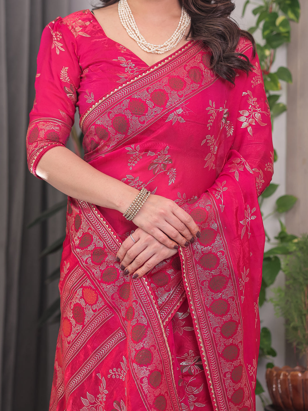 Rani Pink Fendi Satin Block & Foil Print Saree with Floral Motifs, Attached Blouse & Tassel Detailing