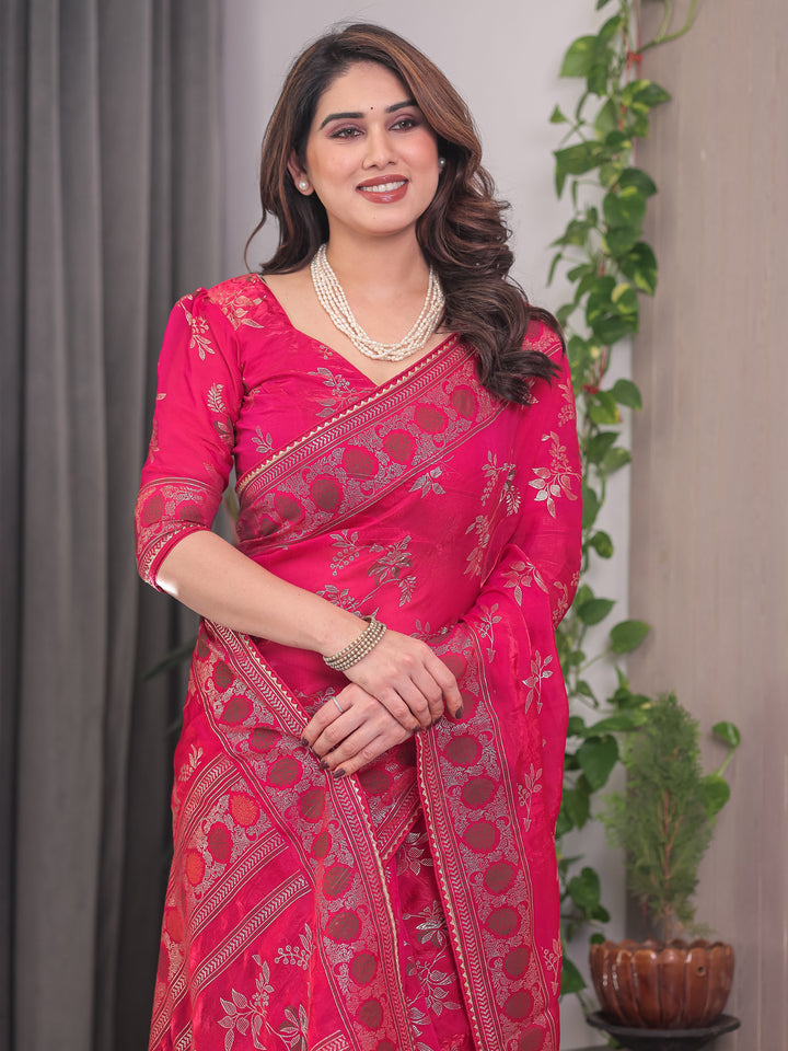 Rani Pink Fendi Satin Block & Foil Print Saree with Floral Motifs, Attached Blouse & Tassel Detailing