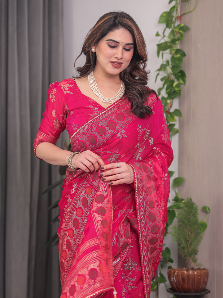 Rani Pink Fendi Satin Block & Foil Print Saree with Floral Motifs, Attached Blouse & Tassel Detailing