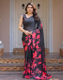 Black & Hot Pink Floral Printed Satin Georgette Saree with Matching Blouse – Statement Party & Evening Wear