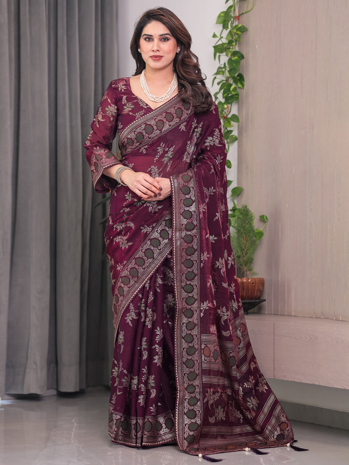 Wine Maroon Fendi Satin Block & Foil Print Saree with Floral Motifs, Attached Blouse & Tassel Pallu