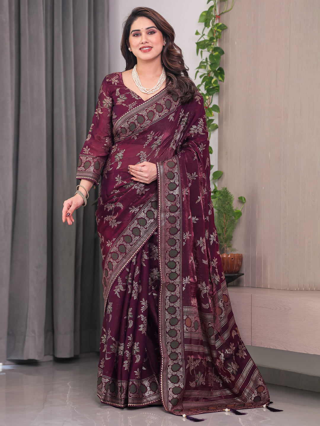 Wine Maroon Fendi Satin Block & Foil Print Saree with Floral Motifs, Attached Blouse & Tassel Pallu