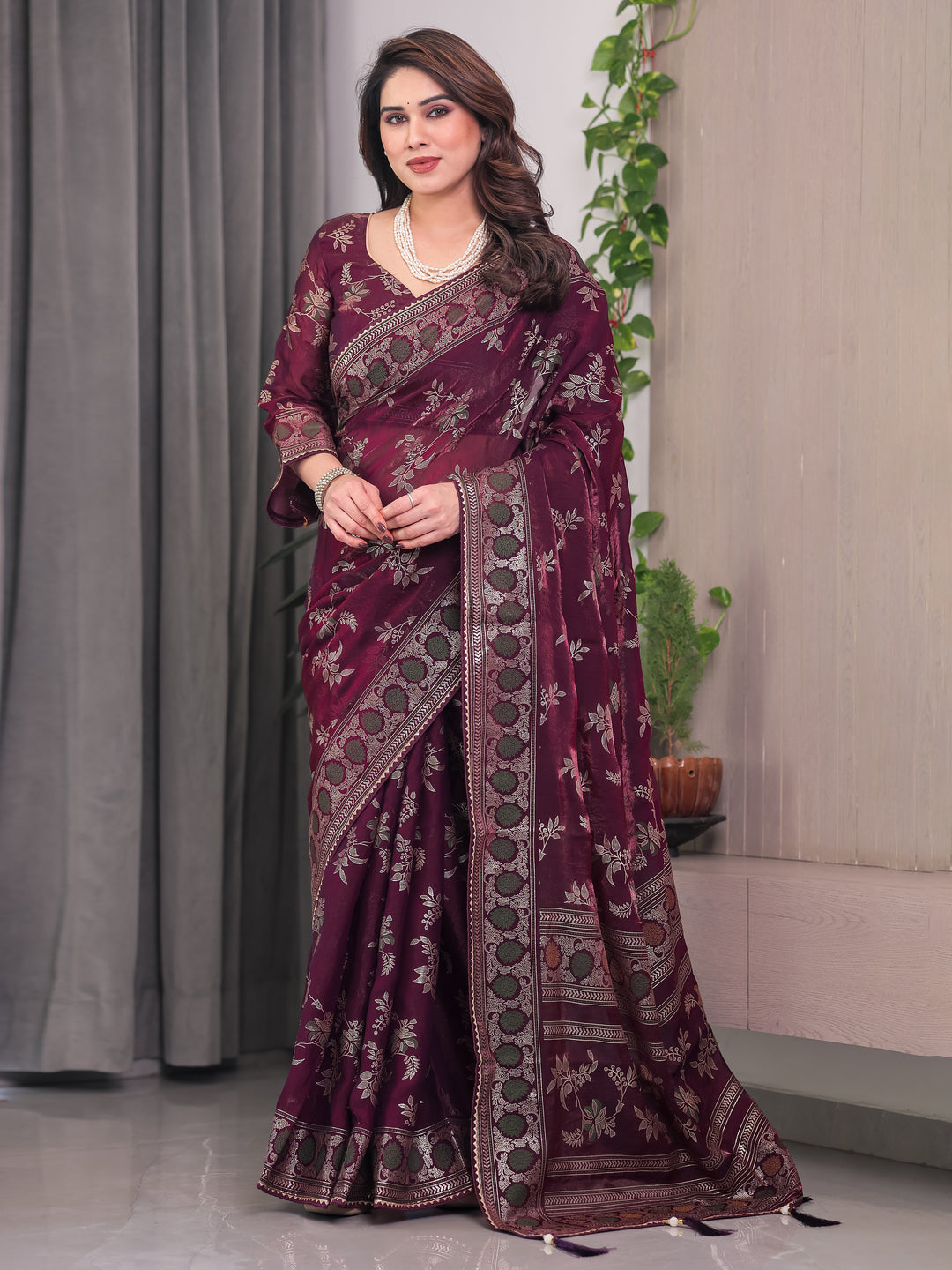 Wine Maroon Fendi Satin Block & Foil Print Saree with Floral Motifs, Attached Blouse & Tassel Pallu