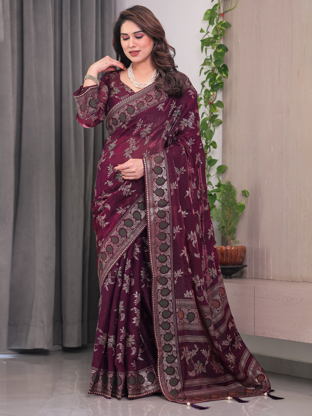 Wine Maroon Fendi Satin Block & Foil Print Saree with Floral Motifs, Attached Blouse & Tassel Pallu